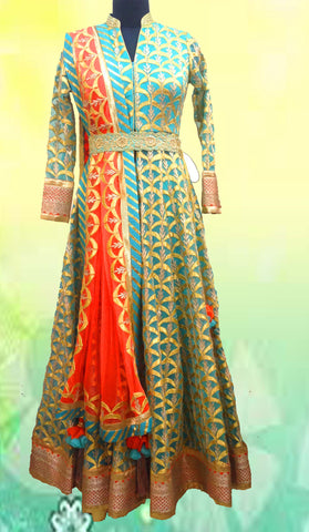 Blue orange applique and gota work anarkali