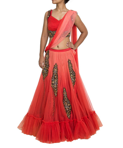 Coral ombre net lehenga