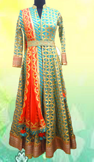 Blue orange applique and gota work anarkali