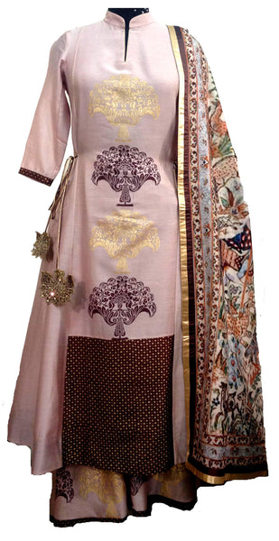 Nude color chanderi anarkali with printed chanderi dupatta.