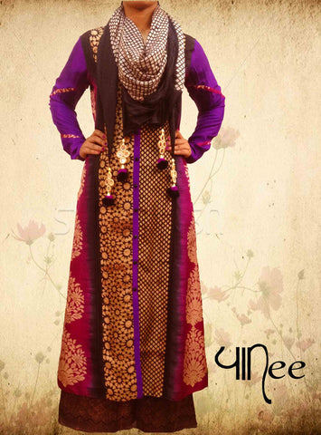 Purple black chanderi print palazzo set with scarf