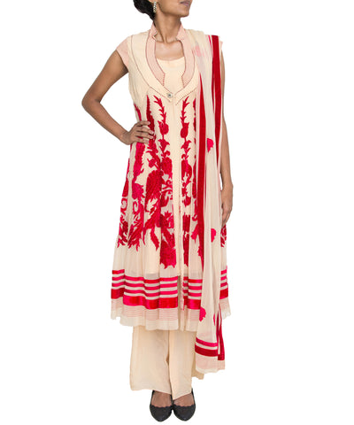 Beige net velvet patch suit