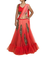 Coral ombre net lehenga